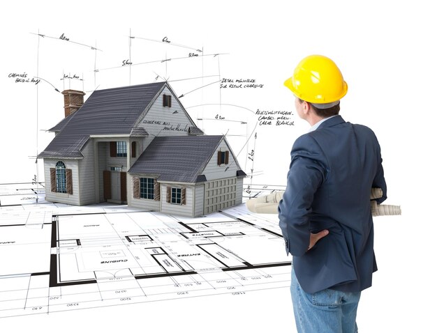 [freepicdownloader.com]-architect-looking-house-mockup-top-blueprints-with-pen-notes-corrections-normal